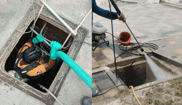 Clean Water India Tank Cleaners staff performing overhead water tank cleaning service in Chennai
